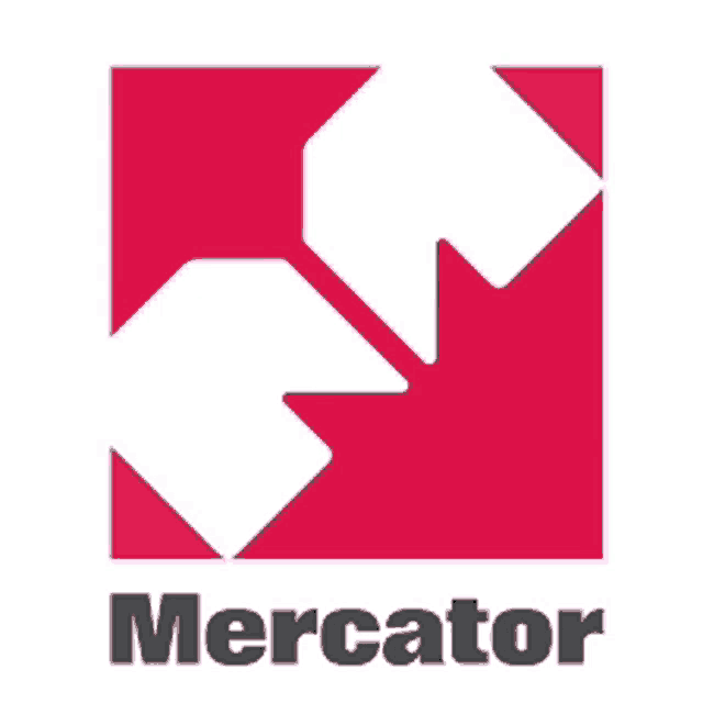 a red and white mercator logo with arrows pointing in opposite directions