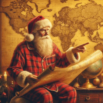 santa claus is sitting in front of a map of the world and pointing