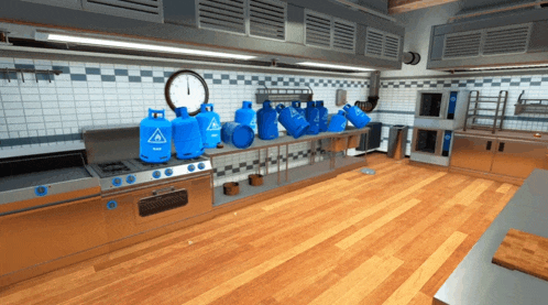 a kitchen with a clock and a bunch of blue bottles