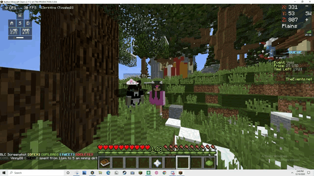 a screenshot of a minecraft game shows a girl standing next to a cow