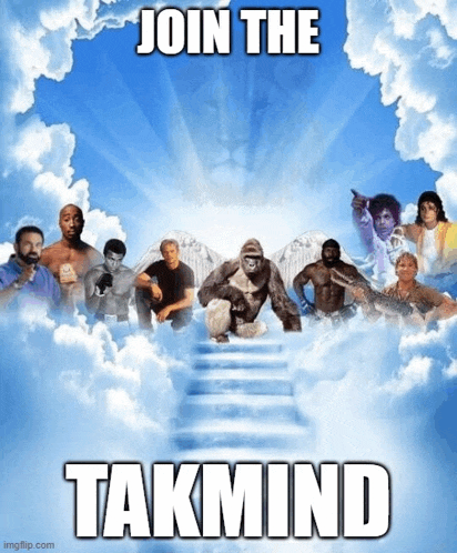 a group of people standing on stairs in the clouds with the words join the takmind below them