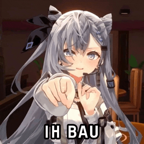 a girl with gray hair and blue eyes is pointing at the camera with the words ih bau below her