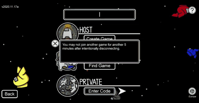 a screenshot of among us showing the options to create a game and find a game