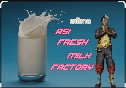 a man standing next to a glass of milk with the words milma asi fresh milk factory below him