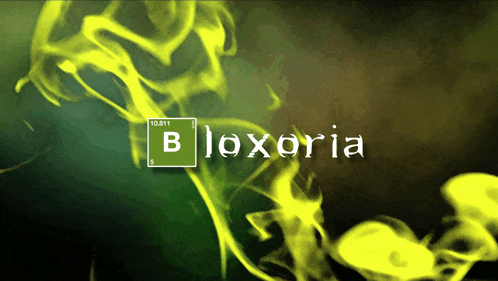 the word bloxoria is on a green background with yellow smoke