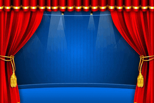 a blue stage with red curtains and spotlights