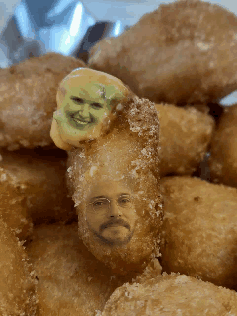 a close up of a fried food item with a picture of shrek on it