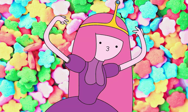 princess bubblegum from adventure time is dancing in front of a pile of colorful candy