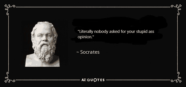 a poster with a quote from socrates that says literally nobody asked for your stupid ass opinion