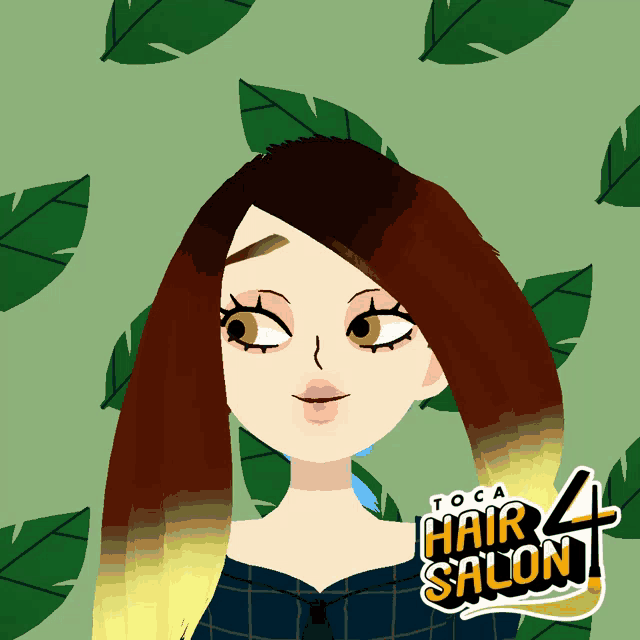 a cartoon drawing of a woman with long hair and the words toca hair salon 4