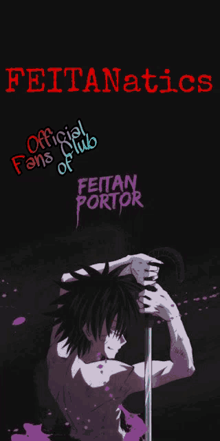 a poster for feitanatics shows a man holding a sword in his hands