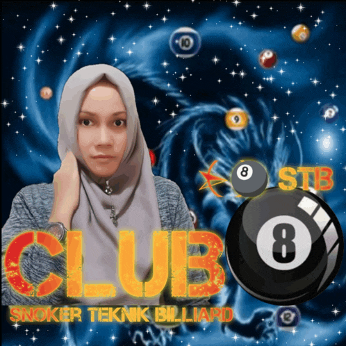 a woman in a hijab stands in front of a pool ball with the words club snoker teknik billiard on it