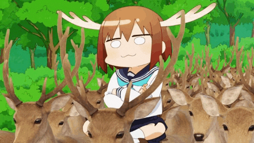 a girl with antlers is surrounded by many deer