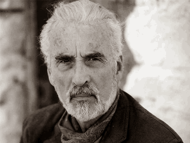 a man with gray hair and a beard is wearing a scarf