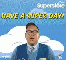 a superstore ad with a man wearing glasses and a vest