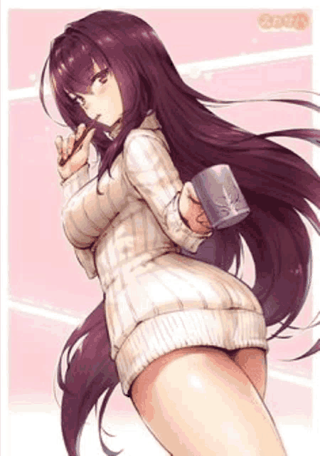 a girl with long purple hair and a white sweater is holding a cup .