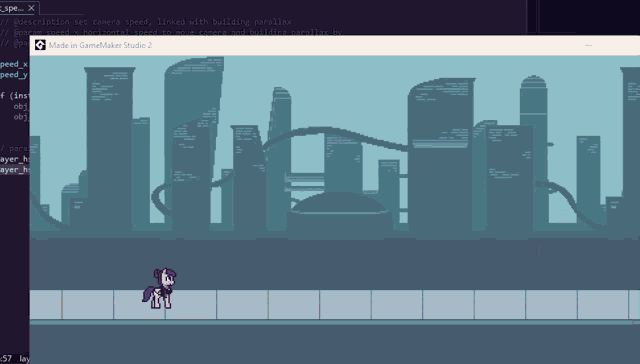 a computer screen shows a pony walking in front of a city skyline