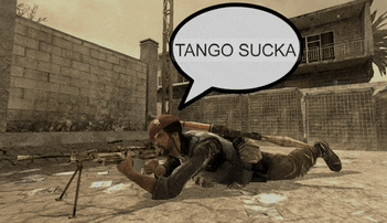 a man is laying on the ground with a speech bubble saying tango sucka