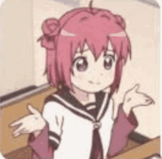 a pink haired anime girl is shrugging her shoulders while sitting at a table .