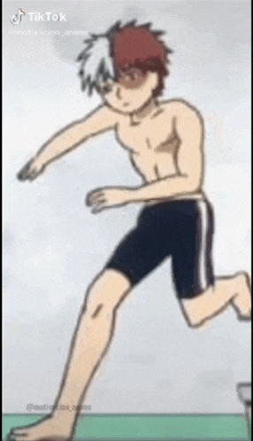 a shirtless anime character is running barefoot on a green surface .