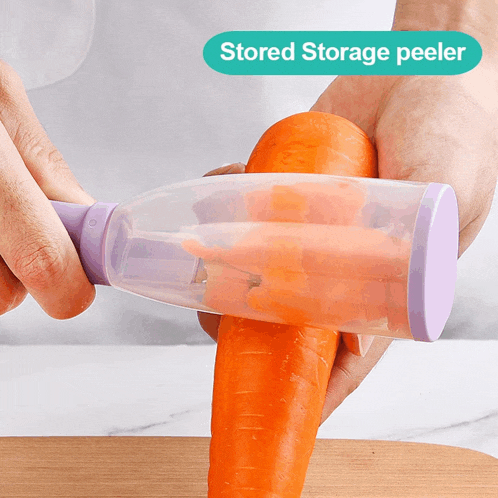 a person peeling a carrot with a storage peeler