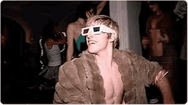 a shirtless man wearing 3d glasses and a fur coat is dancing in a club .