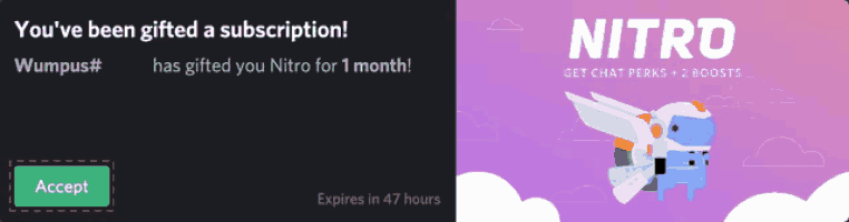 a screenshot of a website that says you 've been gifted a subscription has gifted you nitro for 1 month