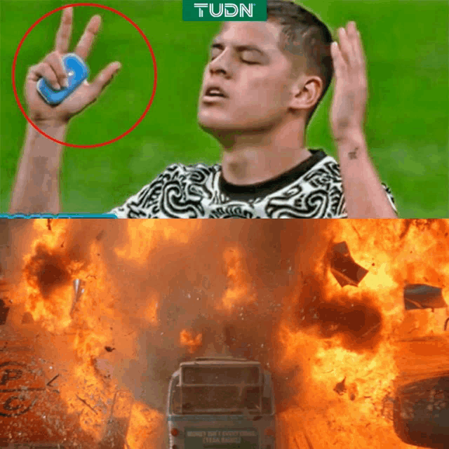 a picture of a man making a peace sign next to a picture of a truck that is on fire