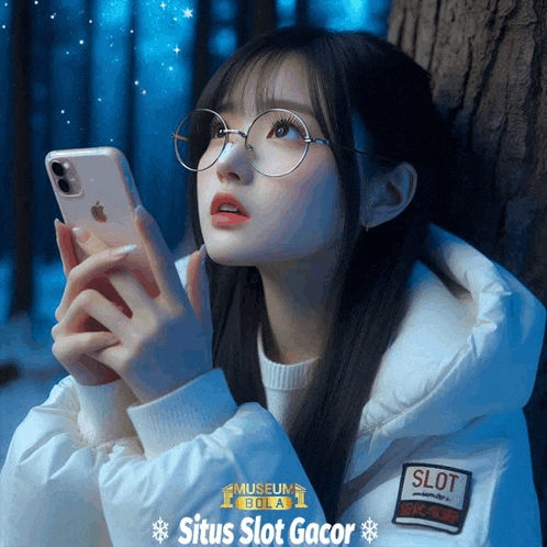 a girl wearing glasses is looking at her phone with situs slot gacor written in the corner