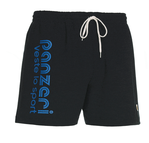 a pair of black shorts with a blue stripe on the side that says panzoni