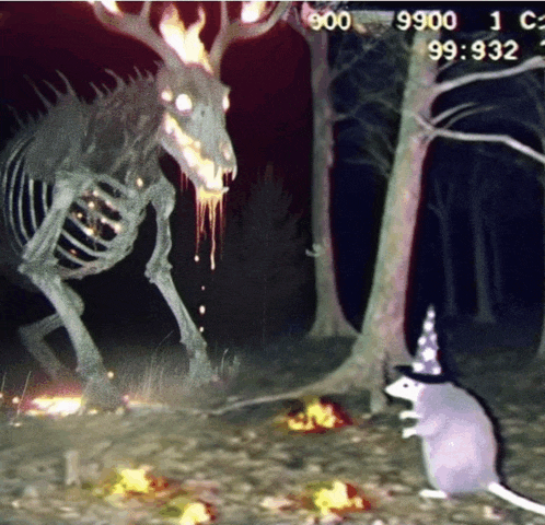 a skeleton of a moose is standing next to a rat in a witch hat in a dark forest