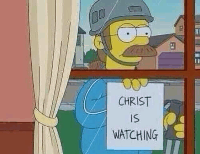 a cartoon character from the simpsons is holding a sign that says christ is watching .