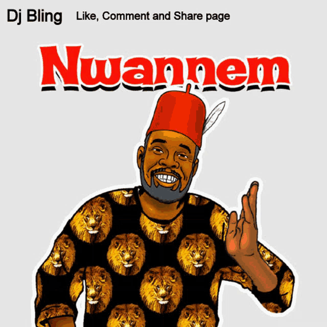 a dj bling like comment and share page with a cartoon of a man wearing a lion print shirt