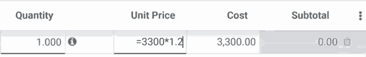 a screen shows a quantity unit price cost and subtotal