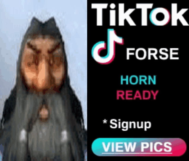 a picture of a bearded man next to a sign that says tiktok forse horn ready * signup view pics