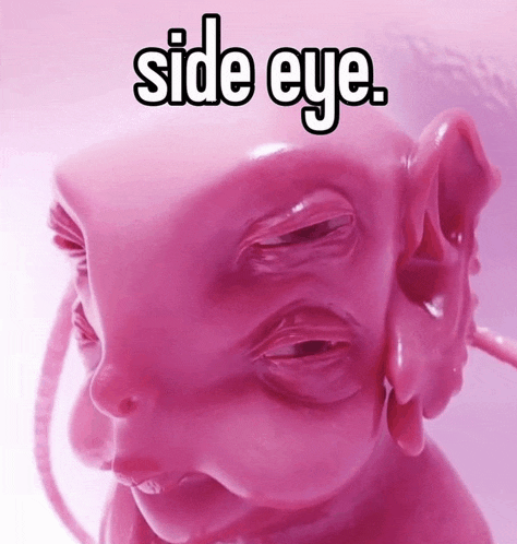 a pink statue with the words side eye on the bottom