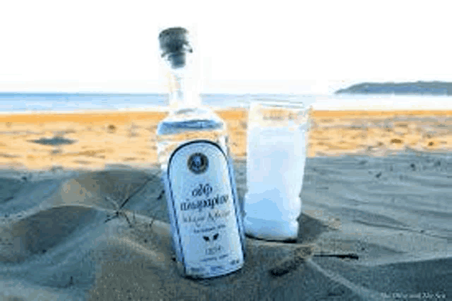 a bottle of alcohol and a glass of alcohol on a beach .