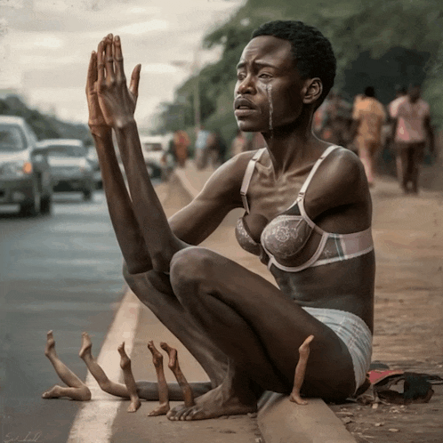 a woman in a bra is kneeling on the side of the road with her hands folded in prayer