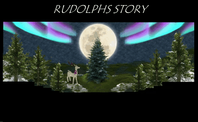 a poster for rudolph 's story with a full moon