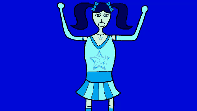 a cartoon drawing of a girl in a blue dress with a star on it