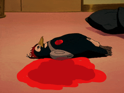 a penguin is laying on the floor with blood coming out of its mouth