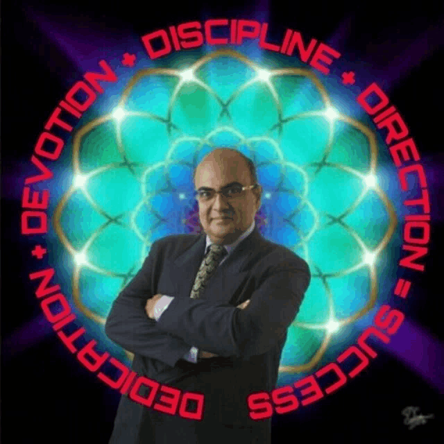 a man in a suit and tie stands in front of a circle that says discipline direction devotion success