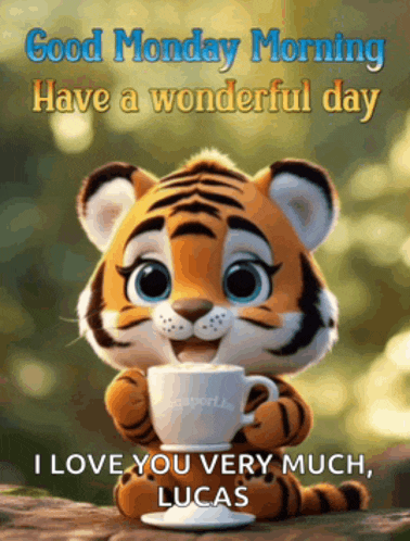 a cartoon tiger is holding a cup of coffee and saying good monday morning