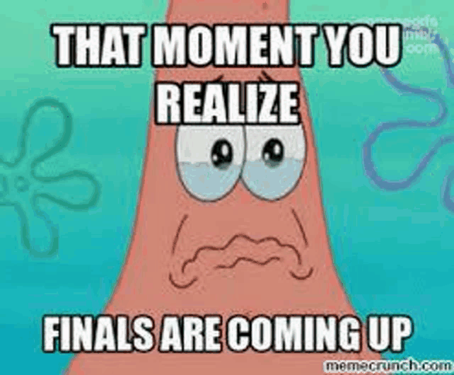 patrick star from spongebob squarepants is making a sad face and says that moment you realize finals are coming up .