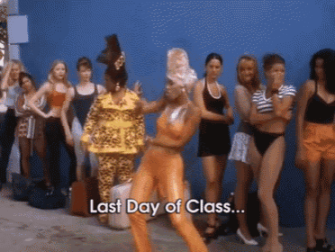 a group of women standing in front of a blue wall with the words last day of class on the bottom