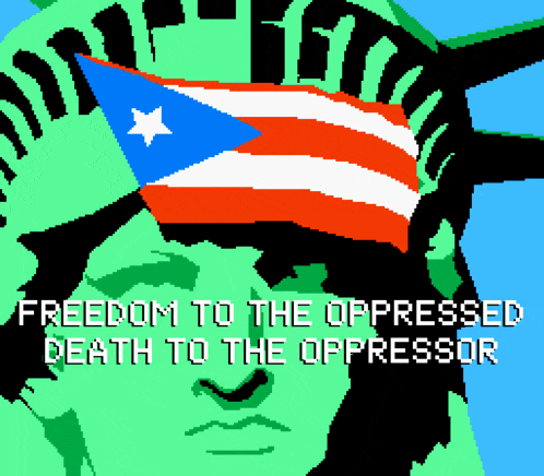 a pixel art of a statue of liberty with the words " freedom to the oppressed death to the oppressor "