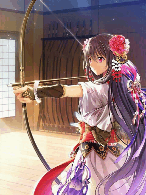 a girl is holding a bow and arrow in her hand