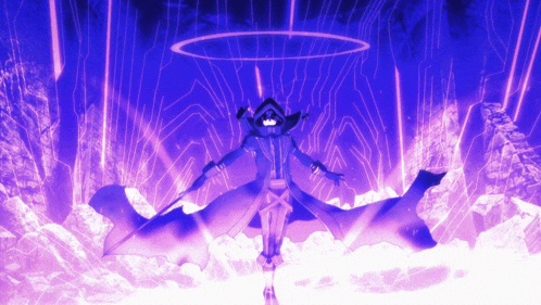 a person in a hooded cloak is surrounded by purple lightning