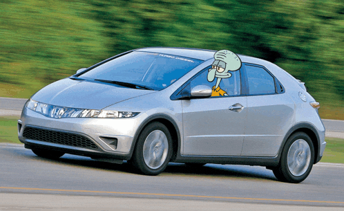 squidward from spongebob is driving a car