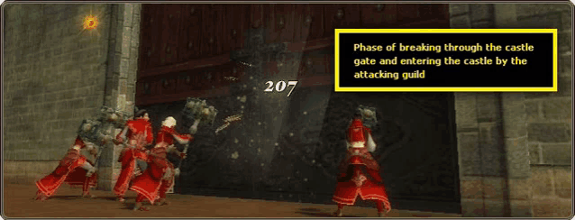 a video game screen shows a phase of breaking through the castle gate